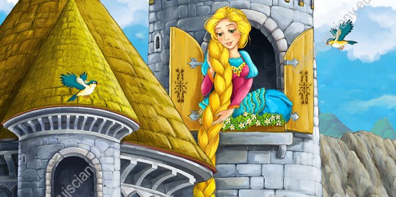 Wzornik obrazu do pokoju dziecięcego z księżniczką Roszpunką spuszczającą swe długie, złote włosy ze szczytu wieży.
