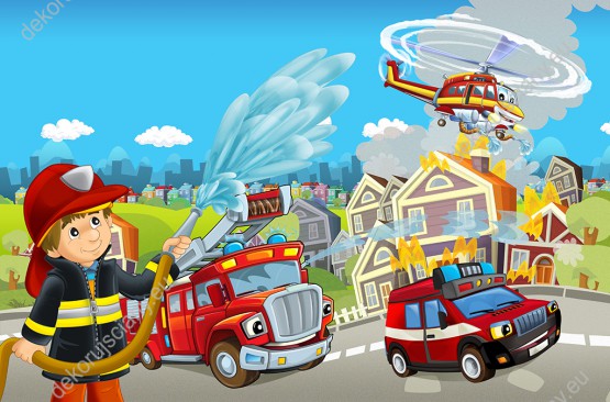 Wzornik obrazu do pokoju dziecięcego z dzielnym strażakiem gaszącym pożar oraz czerwonym wozem strażackim i helikopterem.