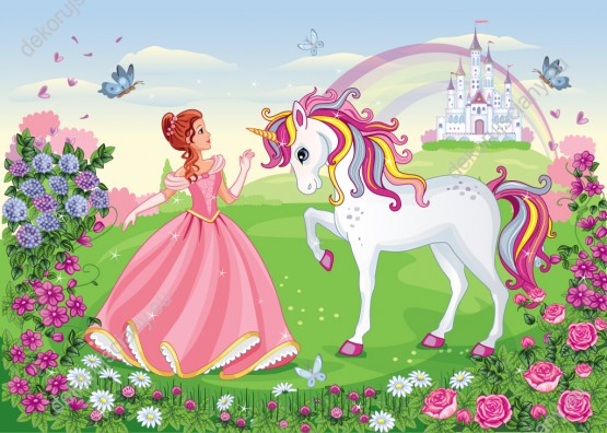 Wzornik obrazu do pokoju dziecięcego z bajkową księżniczką w różowej sukni i jednorożcem z tęczową grzywą, w kwiatowym ogrodzie, na tle zamku i tęczy.