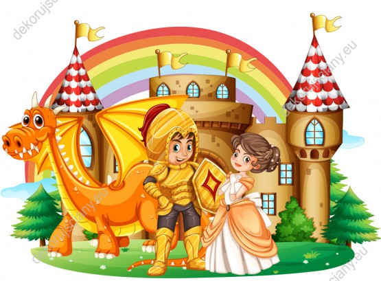Wzornik obrazu do pokoju dziecięcego z bajkowym motywem. Dzielnym rycerz, piękną księżniczka i smok na tle wspaniałego zamku.