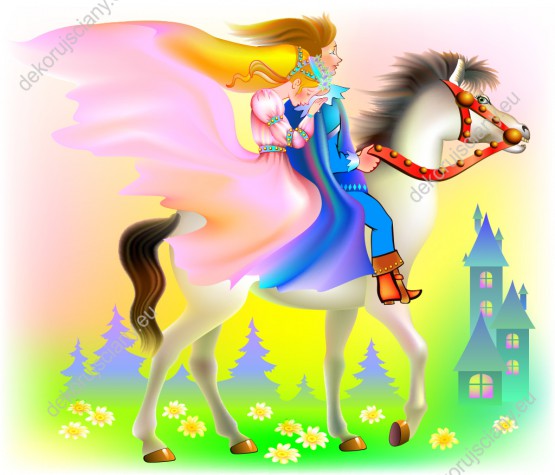 Wzornik obrazu do pokoju dziecięcego z księżniczką i księciem jadącymi na koniu na przejażdżkę po bajkowej krainie.