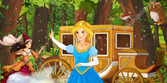 Wzornik obrazu do pokoju dziecięcego z piękną, bajkową księżniczką w niebieskiej sukni i wróżki wyczarowującej magiczną karetę, na tle lasu.