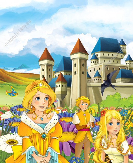 Wzornik obrazu do pokoju dziecięcego z księżniczkami i księciem kwiatowej polanie, wśród kolorowych kwiatów, a w tle duży zamek.