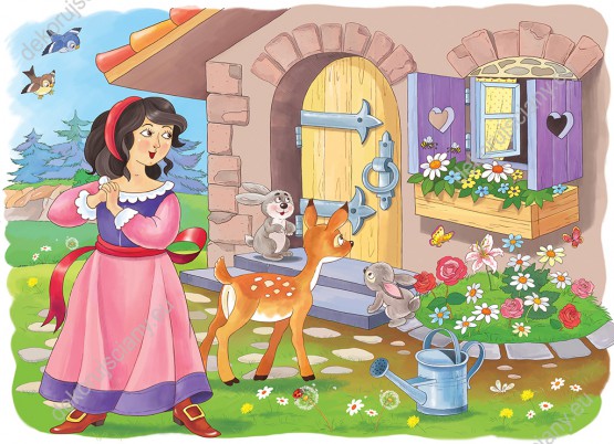Wzornik Obraz do pokoju dziecięcego z bajkowym motywem Królewny Śnieżki przyjaznych leśnych zwierząt przy chatce krasnoludków.