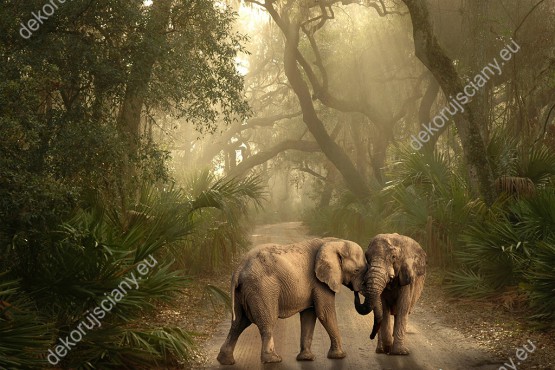 Wzornik obrazu do pokoju dziecięcego, dziennego, młodzieżowego, sypialni, salonu, biura, gabinetu, przedpokoju i jadalni. Obraz przedstawia dwa słonie pośród drzew tropikalnej dżungli.