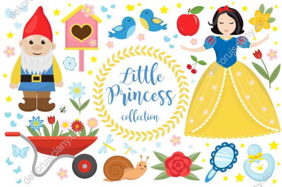Wzornik obrazu do pokoju dziecięcego motywem Królewny Śnieżki. Obraz z księżniczką i zbiorem charakterystycznych elementów z bajki: krasnoludek, jabłko, kwiaty i ptaki, na białym tle.