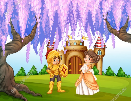 Wzornik obrazu do pokoju dziecięcego z motywem baśniowym dzielnego rycerza w lśniącej zbroi i pięknej księżniczki na tle zamku.