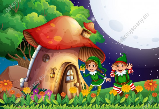 Wzornik obrazu do pokoju dziecięcego z dwoma psotnymi elfami przy grzybowym domku.