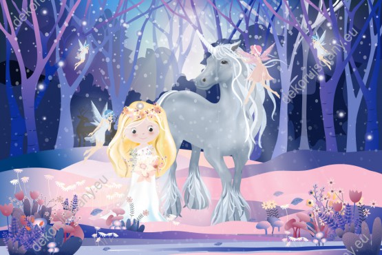 Wzornik obrazu do pokoju dziecięcego z bajkową księżniczką, jednorożcem i wróżkami w magicznym, zimowym lesie w odcieniach fioletu.