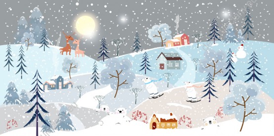 Wzornik obrazu do pokoju dziecięcego. Zimowy krajobraz z górami, niedźwiedziami polarnym grającym na łyżwach, reniferami, padającym śniegiem i białymi, ośnieżonymi drzewami.