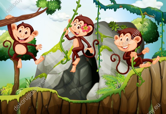 Wzornik obrazu do pokoju dziecięcego z trzema psotnymi małpkami huśtającymi się na lianach w dżungli.