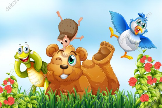 Wzornik obrazu do pokoju dziecięcego z grupą wesołych zwierzęcych przyjaciół: misiem, jeżem, ptakiem i żółwiem.