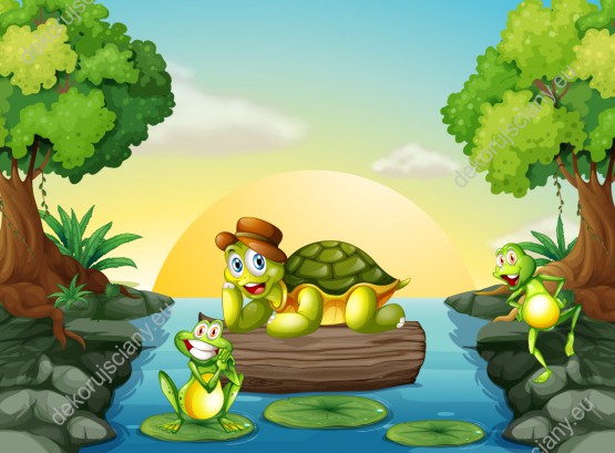 Wzornik obrazu do pokoju dziecięcego. Szczęśliwe żaby i żółw odpoczywający na pniu pływającego drzewa.