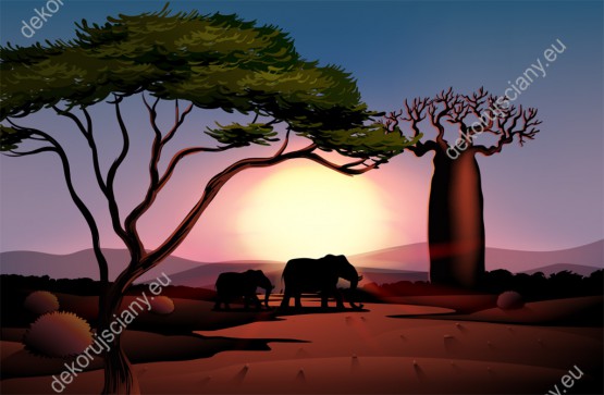 Wzornik obrazu do pokoju dziecięcego, młodzieżowego, sypialni, salonu i biura. Obraz z widokiem na słonie wędrujące po pustyni, na tle drzew sawanny i zachodzącego słońca.