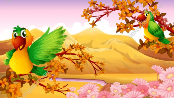Wzornik obrazu do pokoju dziecięcego przedstawiający dwa żółto-zielone ptaki siedzące na gałęziach, na tle gór, pustyni i płynącej przez nią niezwykłej różowej rzeki.