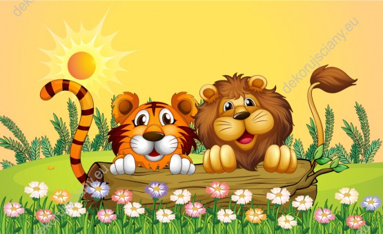 Wzornik obrazu do pokoju dziecięcego z wesołym lwem i tygrysem na kwiatowej łące.