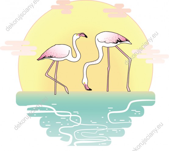 Wzornik obrazu do pokoju dziecięcego z różowymi flamingami kroczącymi w wodzie i blasku słońca.
