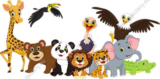 Wzornik obrazu do pokoju dziecięcego z grupą wesołych zwierząt z dżungli.