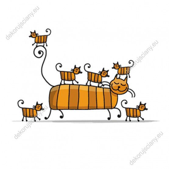 Wzornik obrazu do pokoju dziecięcego ze spacerującą rodziną rudych, abstrakcyjnych kotów w paski.