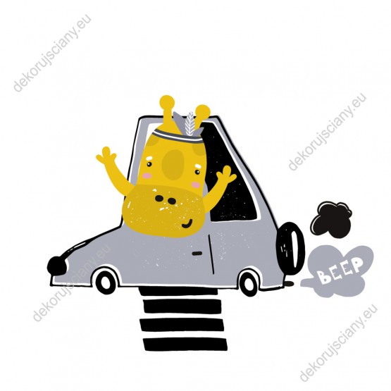 Wzornik obrazu do pokoju dziecięcego z kreskówkową żyrafą jadącą samochodem.