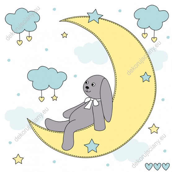 Wzornik obrazu do pokoju dziecięcego z szarym królikiem na księżycu i obłoki na białym tle.