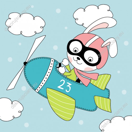 Wzornik obrazu do pokoju dziecięcego z królikiem w roli pilota lecącego samolotem.