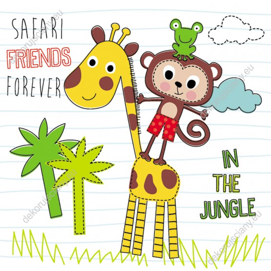 Wzornik obrazu do pokoju dziecięcego ze zwierzęcymi przyjaciółmi z dżungli: żyrafą, małpką i żabką.