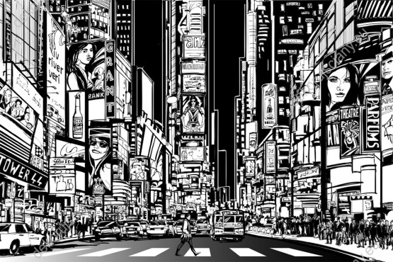 Wzornik obrazu z komiksowym przedstawieniem Nowego Jorku. Obraz do pokoju dziennego, młodzieżowego, sypialni, salonu, biura, gabinetu, przedpokoju i jadalni.