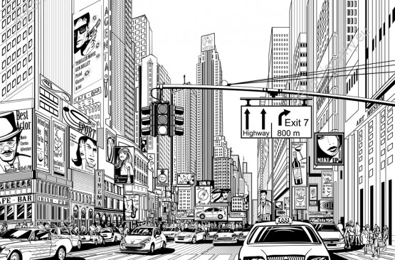 Wzornik obrazu z widokiem na ulice Nowego Jorku przedstawione w komiksowym stylu. Obraz do pokoju dziennego, młodzieżowego, sypialni, salonu, biura, gabinetu, przedpokoju i jadalni.