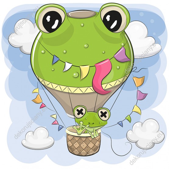 Wzornik obrazu do pokoju dziecięcego z uroczą żabką lecącą po niebie zielonym balonem na gorące powietrze.