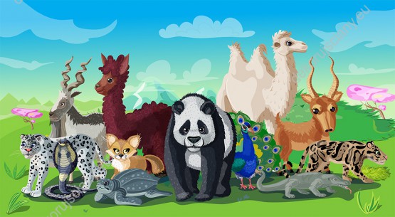 Wzornik obrazu do pokoju dziecięcego z różnymi zwierzętami Azji.