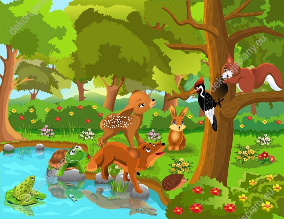 Wzornik obrazu do pokoju dziecięcego z zaprzyjaźnionymi zwierzętami: wiewiórką, sarną, lisem, jeżem, żółwiem, żabą, dzięciołem i królikiem, w zielonym lesie.