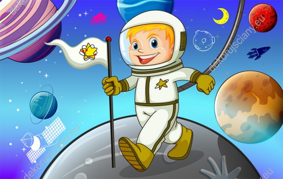 Wzornik obrazu do pokoju dziecięcego z małym astronautą, kroczącym wśród kolorowych planet.