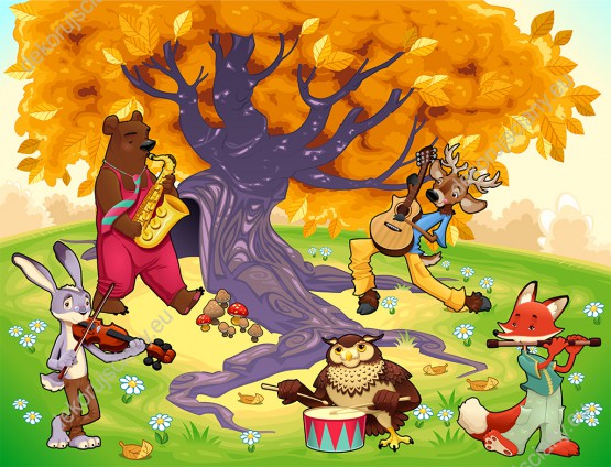 Wzornik obrazu do pokoju dziecięcego z leśnymi zwierzętami grającymi na muzycznych instrumentach, w jesiennej scenerii.