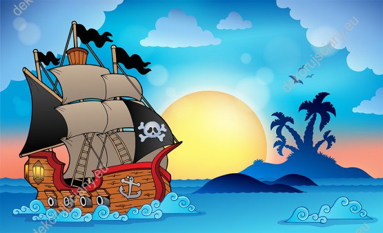Wzornik obrazu do pokoju dziecięcego ze statkiem pirackim pływającym po morzu, na tle zachodzącego słońca.