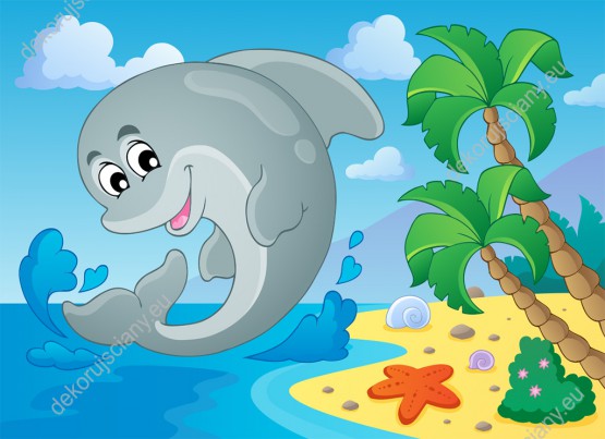 Wzornik obrazu do pokoju dziecięcego z wesołym delfinem skaczącym nad wodą.