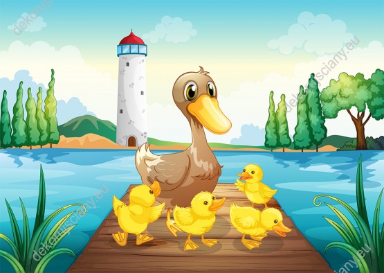 Wzornik obrazu do pokoju dziecięcego z rodziną kaczek spacerujących po pomoście nad jeziorem.