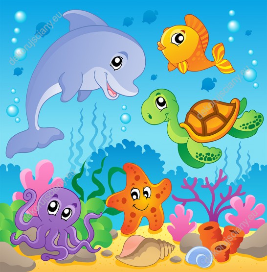 Wzornik Obraz do pokoju dziecięcego z morskimi zwierzętami delfinem, ośmiornicą, żółwiem i rozgwiazdą w podwodnym świecie.