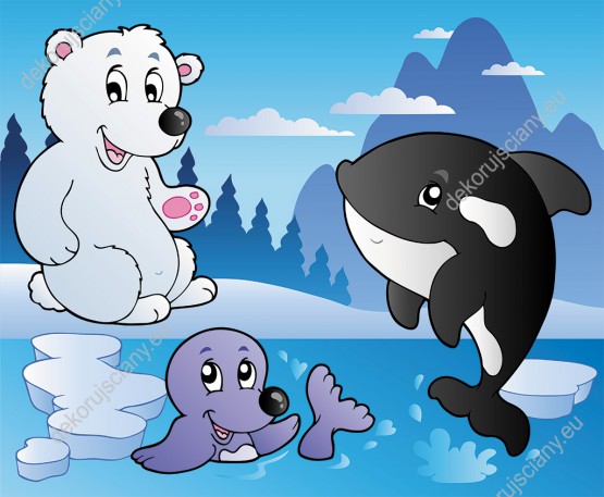 Wzornik obrazu do pokoju dziecięcego z wesołymi zwierzętami Arktyki foką, misiem polarnym i orką.