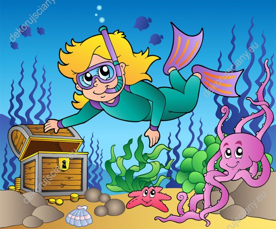 Wzornik obrazu do pokoju dziecięcego z dziewczynką nurkującą w morzu, która znalazła skrzynię skarbów.