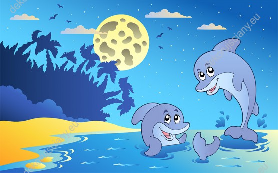 Wzornik obrazu do pokoju dziecięcego z wesołymi delfinami pływającymi w nocy przy pełni księżyca.