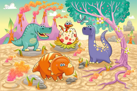 Wzornik obrazu do pokoju dziecięcego z dinozaurami w prehistorycznej krainie.