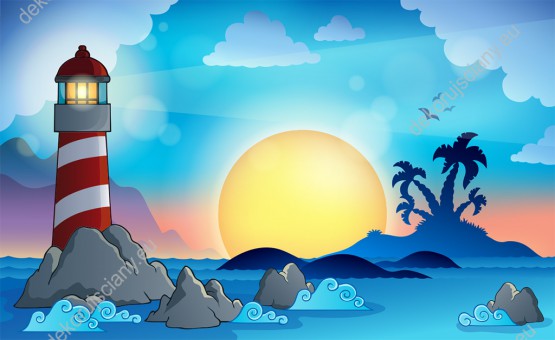 Wzornik obrazu do pokoju dziecięcego z latarnią morską wzniesioną na skale, na tle zachodzącego słońca.