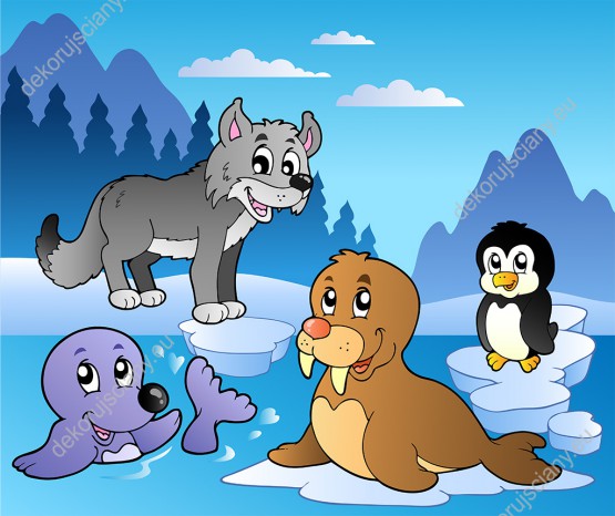 Wzornik obrazu do pokoju dziecięcego ze zwierzętami Arktyki foką, wilkiem, morsem i pingwinem w zimowej scenerii.