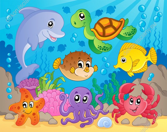 Wzornik obrazu do pokoju dziecięcego z wesołymi zwierzątkami wodnymi.