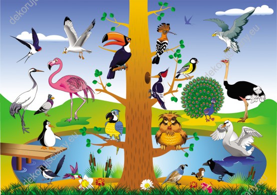 Wzornik obrazu do pokoju dziecięcego przedstawiająca różne rodzaje ptaków siedzące na gałęziach drzewa, przy jeziorze.