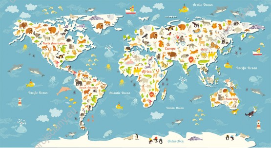  Wzornik obrazu do pokoju dziecięcego przedstawiający mapę świata różnymi, kolorowymi zwierzętami różnych kontynentów, na niebieskim tle mórz i oceanów.