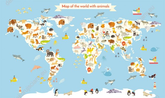 Wzornik obrazu do pokoju dziecięcego z kolorową mapą świata z kolorowymi zwierzętami wszystkich kontynentów na niebieskim tle.