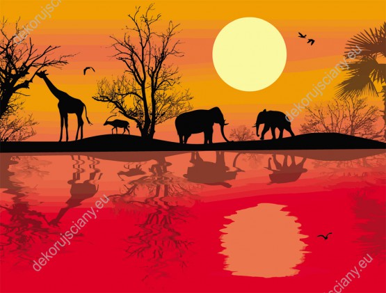 Wzornik obrazu przedstawia zwierzęta sawanny, słonie, żyrafę i antylopę w pobliżu wodopoju. Obraz w czerwono-pomarańczowych barwach zachodzącego słońca. Obraz do pokoju dziennego, młodzieżowego, dziecięcego, sypialni, salonu, biura, gabinetu, przedpokoju i jadalni.