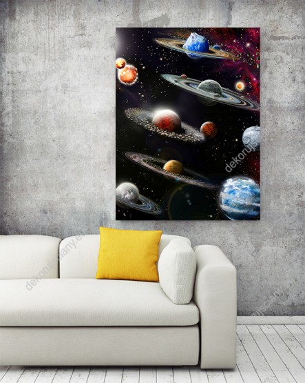 Wizualizacja obrazu z motywem kosmicznym przedstawia różne planety z systemem pierścieniowym. Obraz do pokoju dziennego, młodzieżowego, dziecięcego, salonu, sypialni, biura.